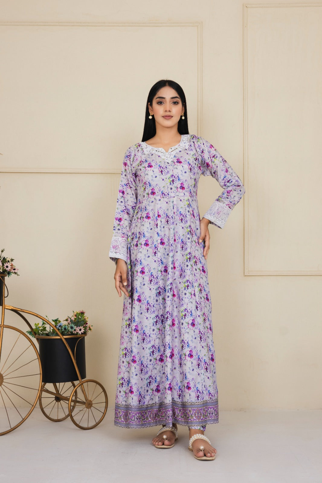2 Piece White and Purple Printed Suit
