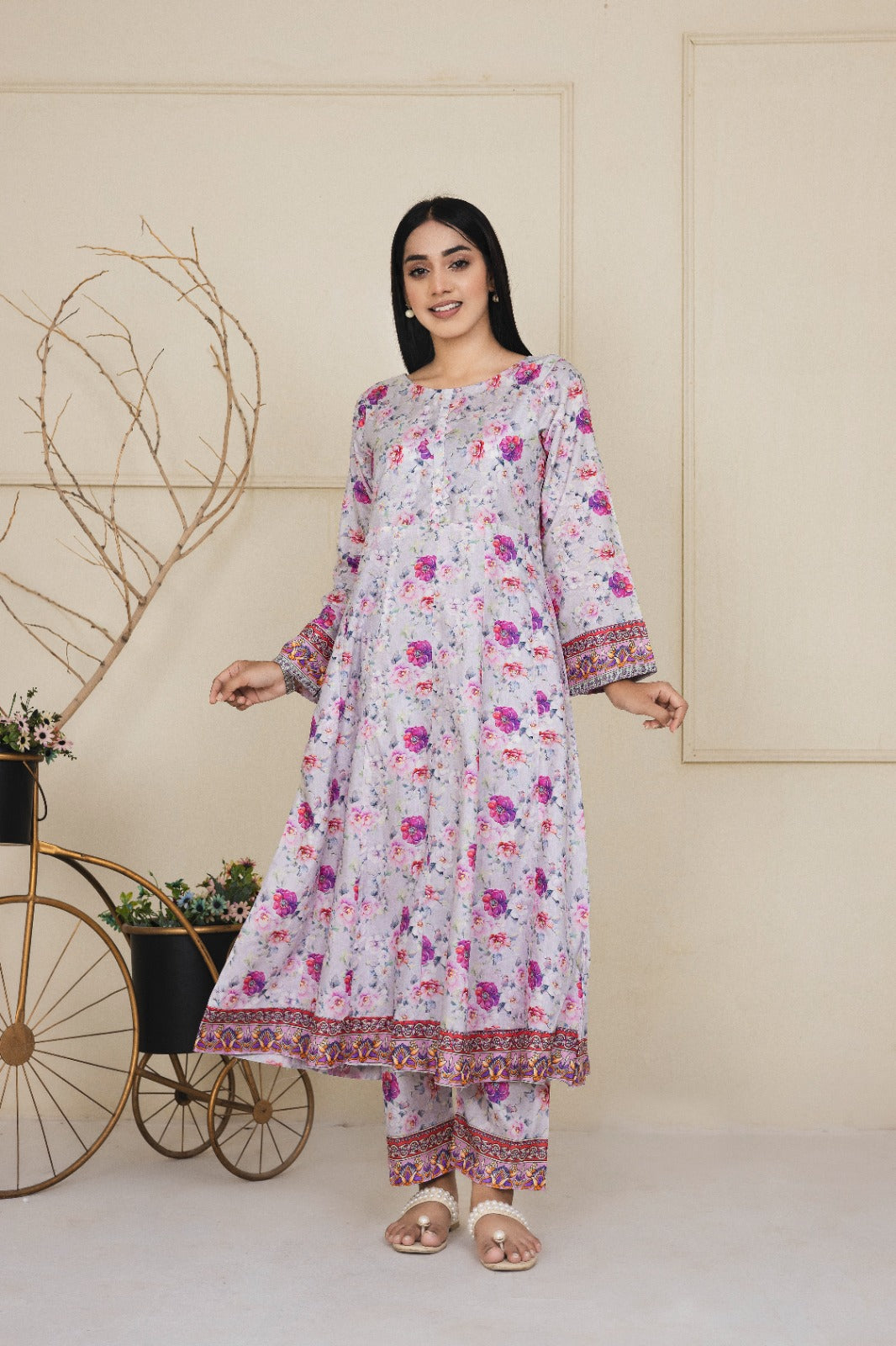 2 Piece White and Pink Printed Suit
