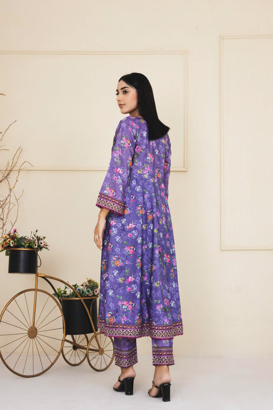 Floral printed dark purple cotton suit with an embroidered neckline complimented by straight leg pants