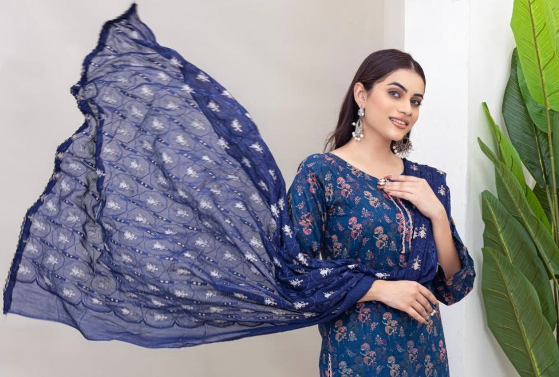 Navy Lawn Rangz Pret suit with pink floral detailing adorned with lace including pleated straight trousers and an embroidered chiffon dupatta.