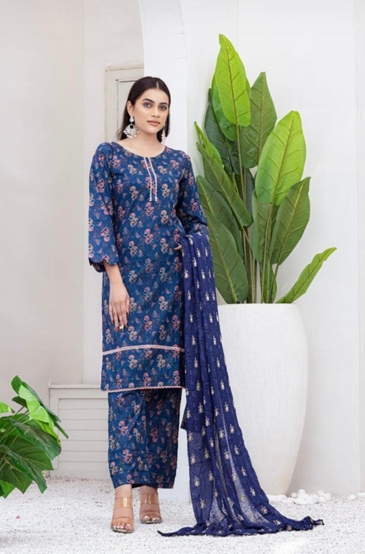 Navy Lawn Rangz Pret suit with pink floral detailing adorned with lace including pleated straight trousers and an embroidered chiffon dupatta.