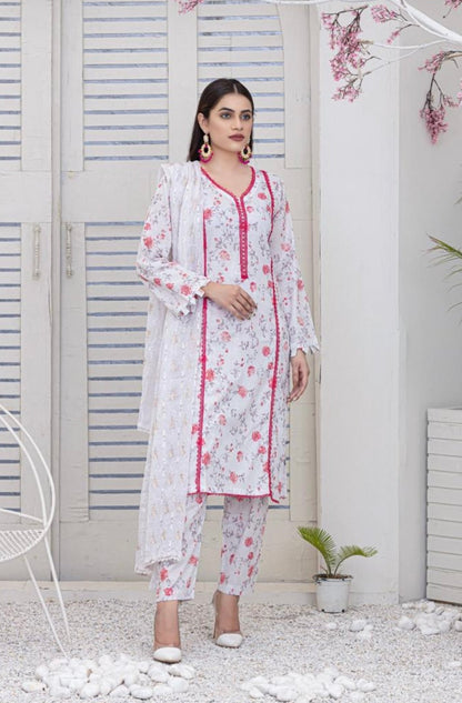 White Lawn Rangz Pret suit, White floral suit adorned with pink lace including straight floral printed trousers and an embroidered chiffon dupatta.